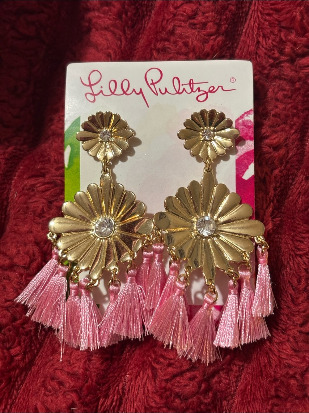 Lilly Pulitzer Gold Floral Drop Earrings with Pink Tassels